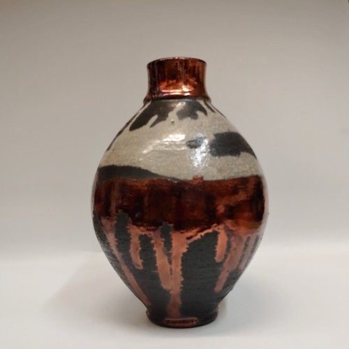 Click to view detail for #221193 Raku Vase Black/White/Copper 10x6 $29